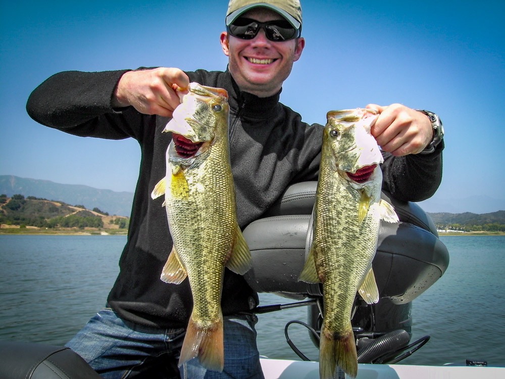 Paul Gaskell with a pair of California bass caught by drop shotting tactics