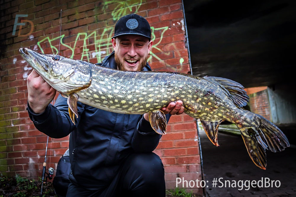 Tom from Snagged Bro with the result of a successful canal pike fishing trip